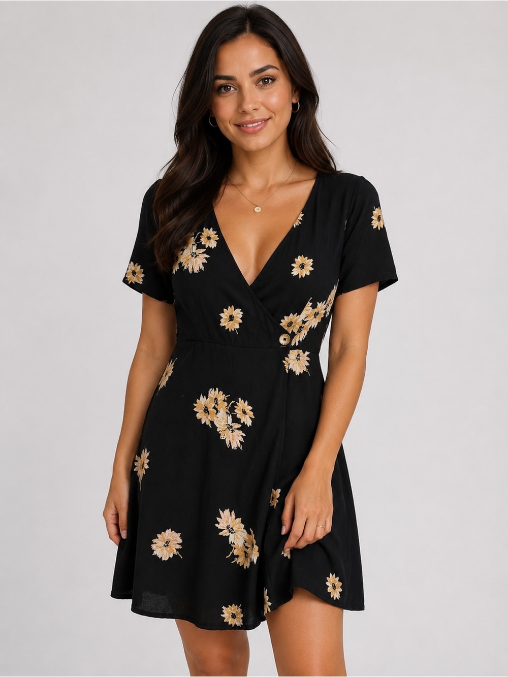 Volcom Black Wrap Mini Dress with Cream Floral Print